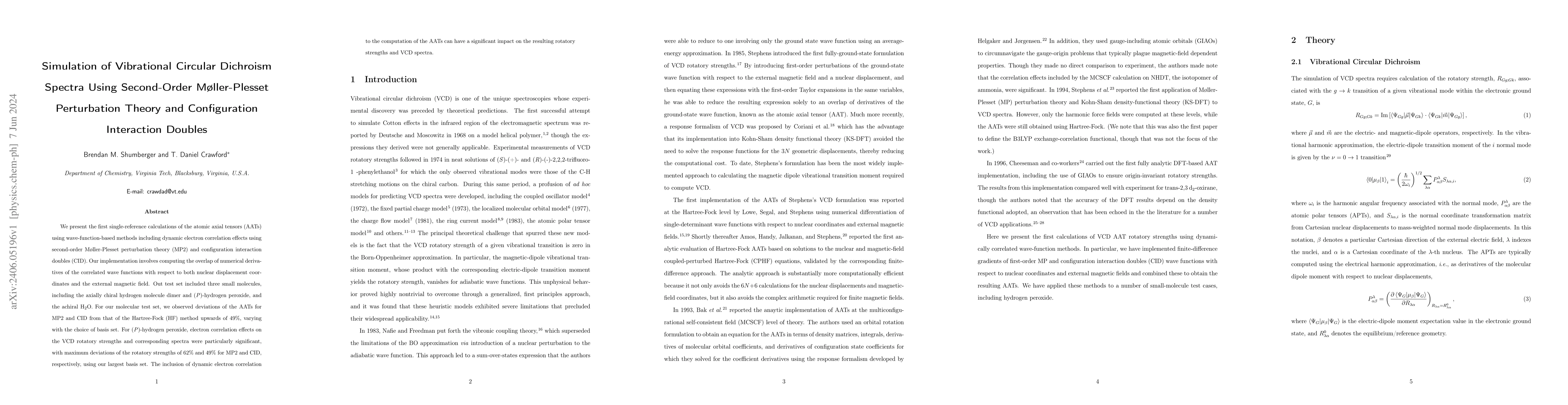 Thumbnail for Simulation of Vibrational Circular Dichroism Spectra Using Second-Order
  M{\o}ller-Plesset Perturbation Theory and Configuration Interaction Doubles