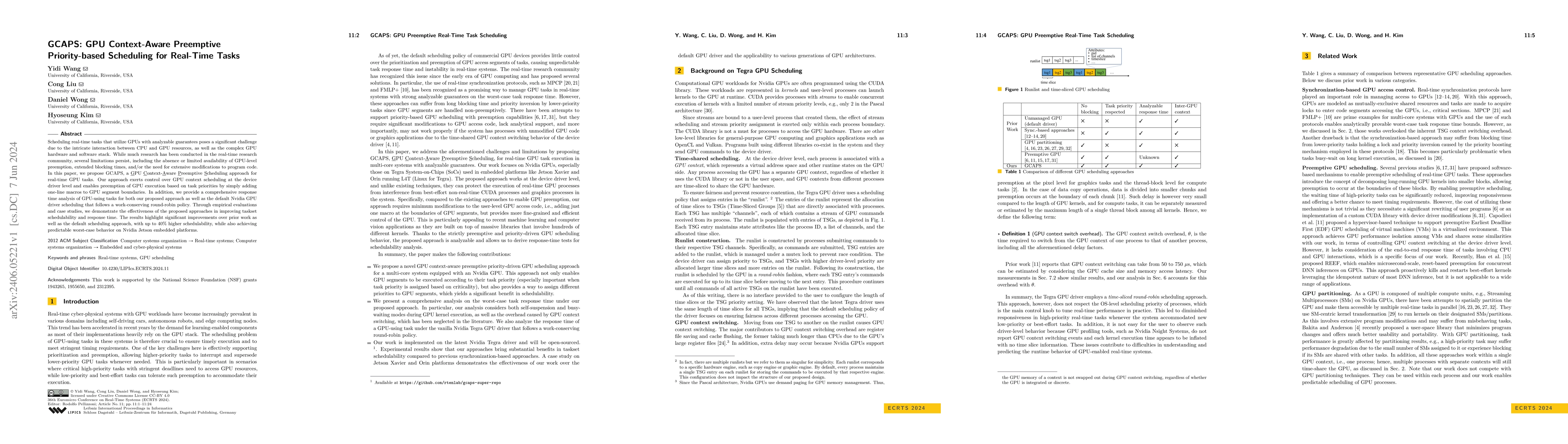 Thumbnail for GCAPS: GPU Context-Aware Preemptive Priority-based Scheduling for
  Real-Time Tasks