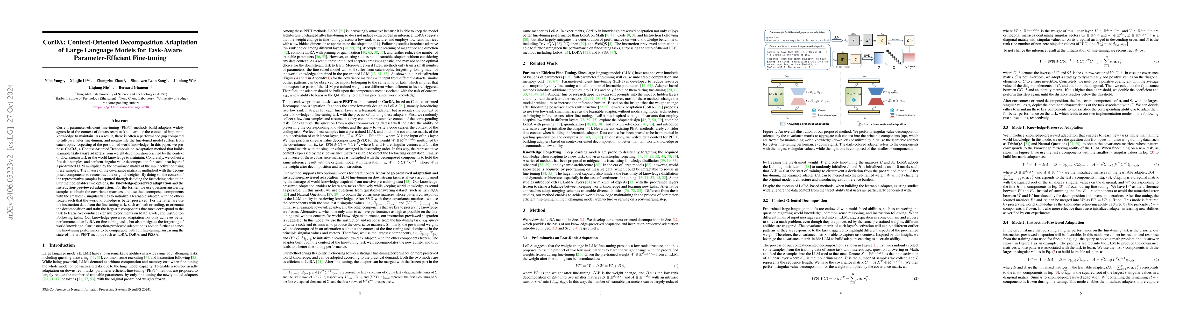 Thumbnail for CorDA: Context-Oriented Decomposition Adaptation of Large Language
  Models