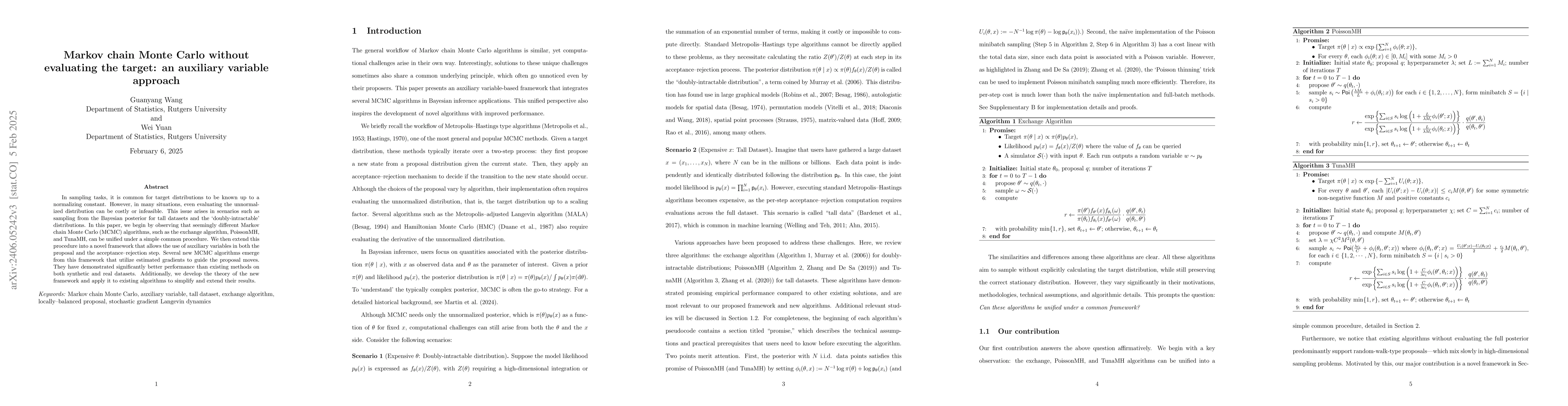 Thumbnail for Markov chain Monte Carlo without evaluating the target: an auxiliary
  variable approach