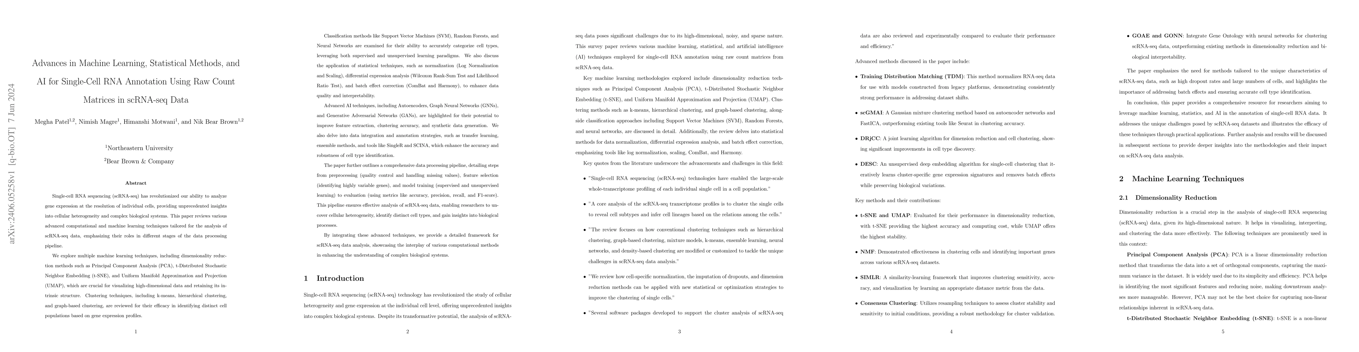 Thumbnail for Advances in Machine Learning, Statistical Methods, and AI for
  Single-Cell RNA Annotation Using Raw Count Matrices in scRNA-seq Data