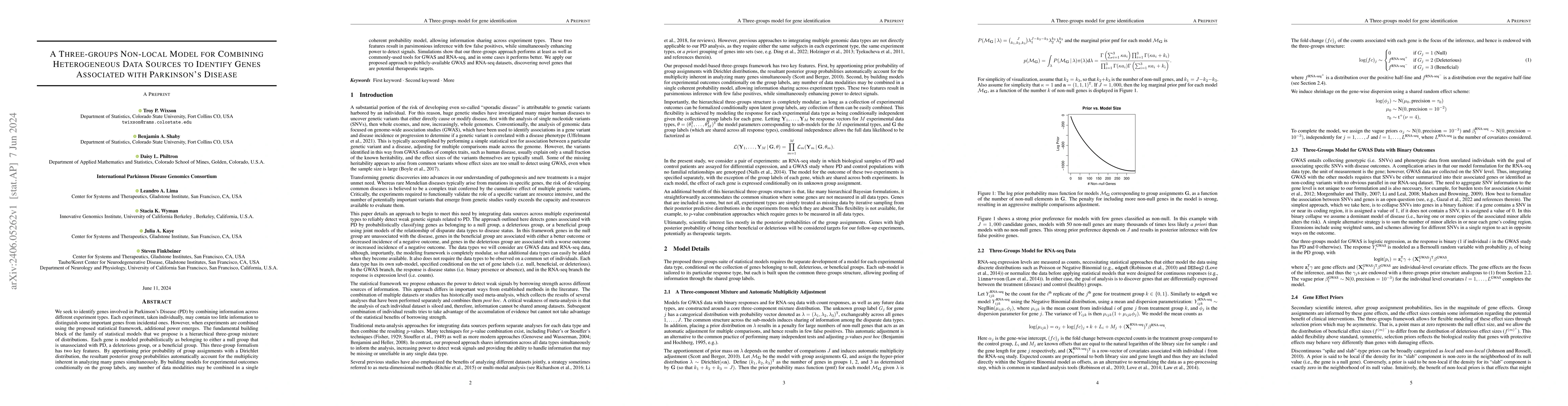 Thumbnail for A Three-groups Non-local Model for Combining Heterogeneous Data Sources
  to Identify Genes Associated with Parkinson's Disease