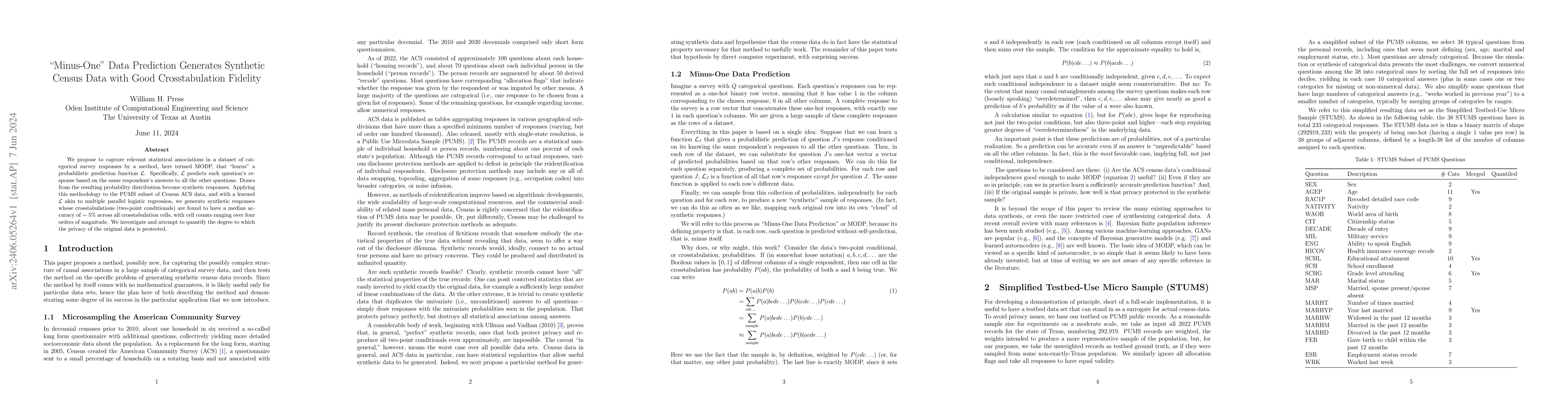 Thumbnail for "Minus-One" Data Prediction Generates Synthetic Census Data with Good
  Crosstabulation Fidelity