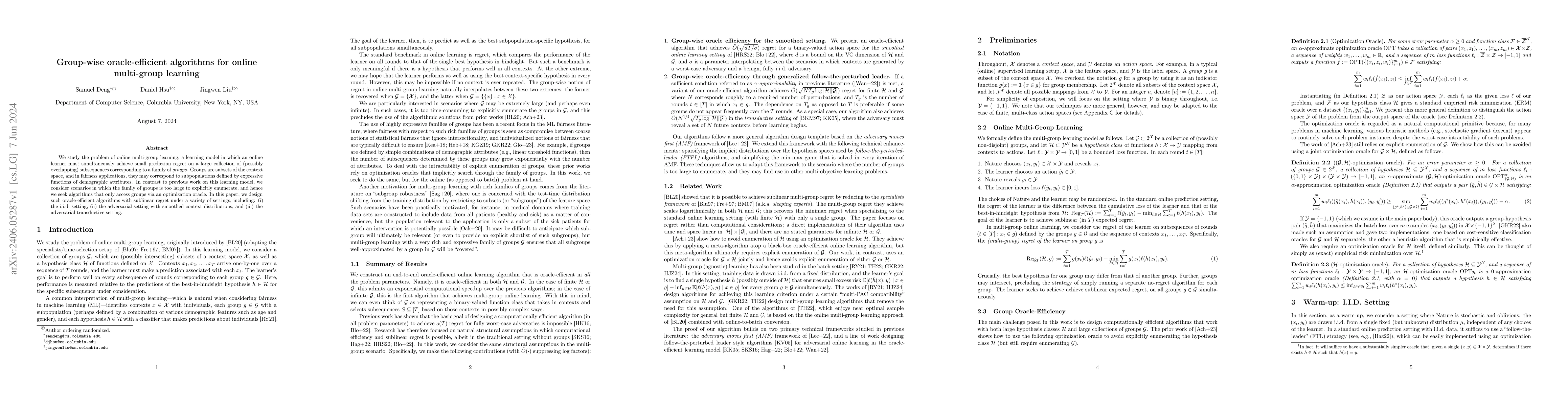 Thumbnail for Group-wise oracle-efficient algorithms for online multi-group learning