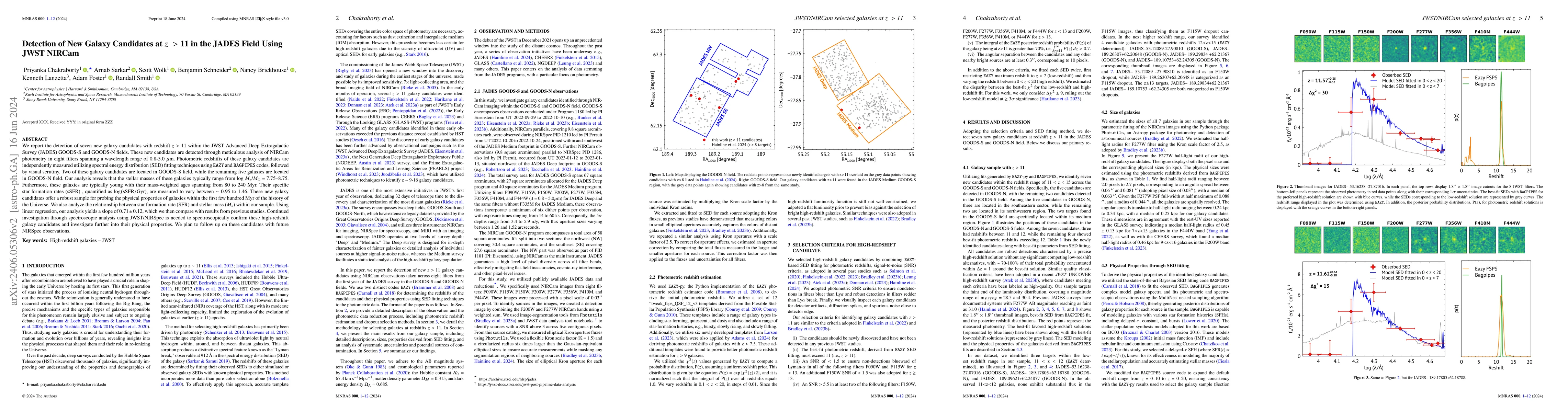 Thumbnail for Detection of New Galaxy Candidates at $z\ >$ 11 in the JADES Field Using
  JWST NIRCam