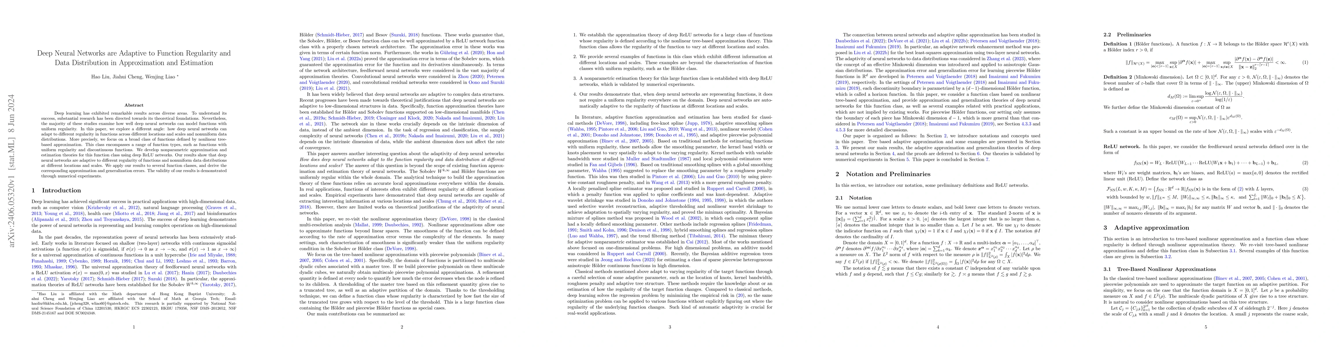 Thumbnail for Deep Neural Networks are Adaptive to Function Regularity and Data
  Distribution in Approximation and Estimation
