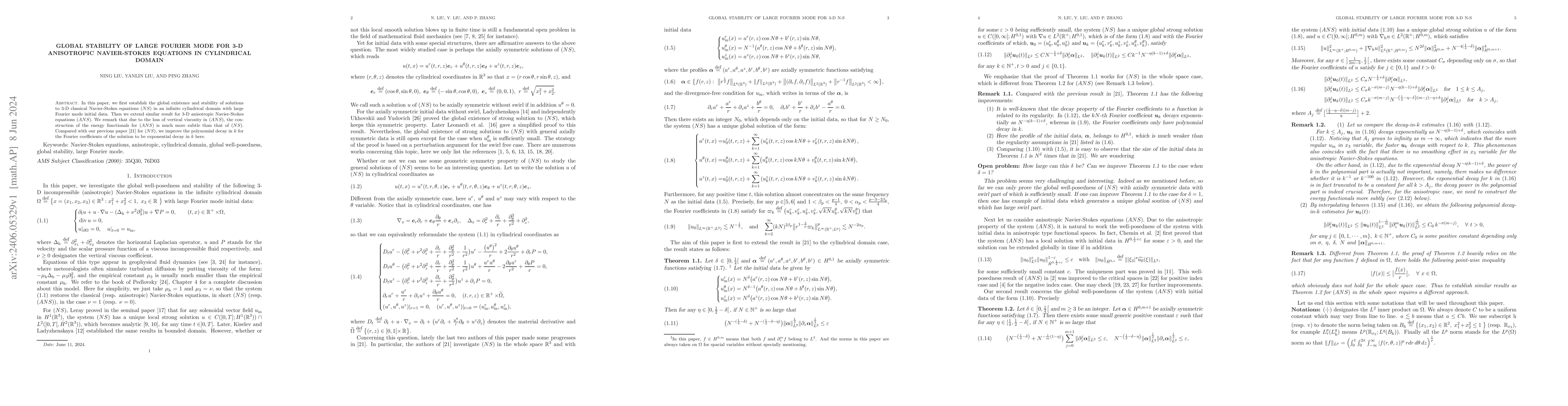 Thumbnail for Global stability of large Fourier mode for 3-D anisotropic Navier-Stokes
  equations in cylindrical domain