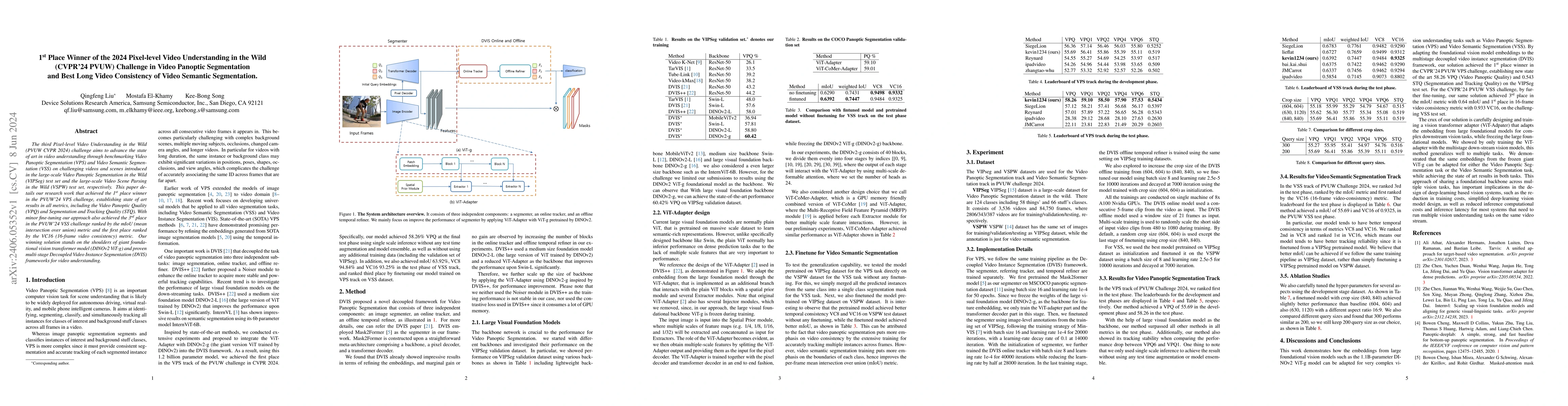 Thumbnail for 1st Place Winner of the 2024 Pixel-level Video Understanding in the Wild
  (CVPR'24 PVUW) Challenge in Video Panoptic Segmentation and Best Long Video
  Consistency of Video Semantic Segmentation