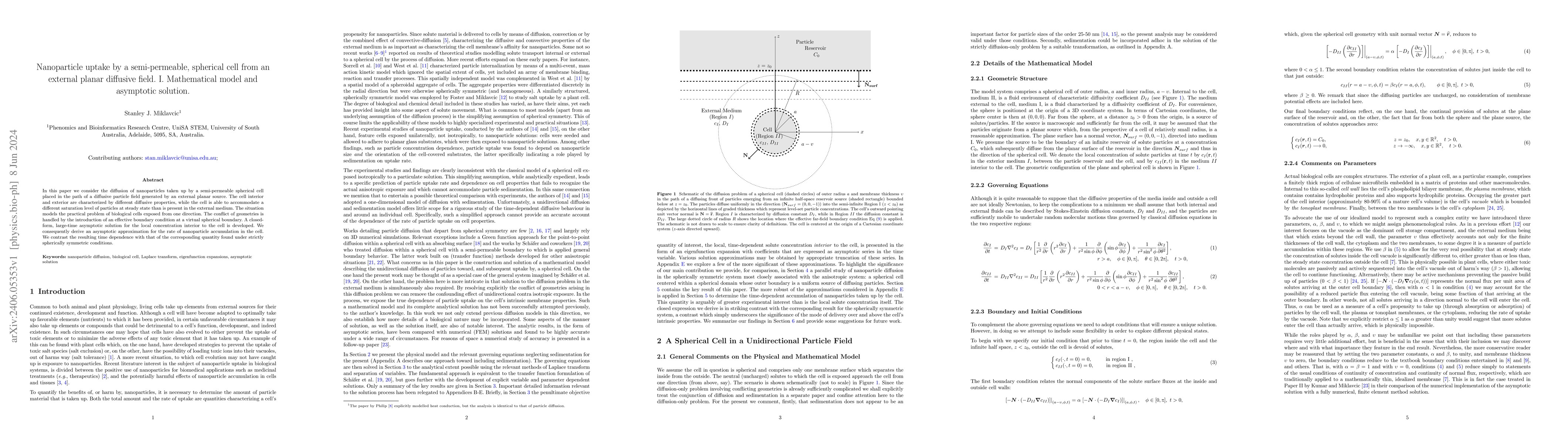 Thumbnail for Nanoparticle uptake by a semi-permeable, spherical cell from an external
  planar diffusive field. I. Mathematical model and asymptotic solution