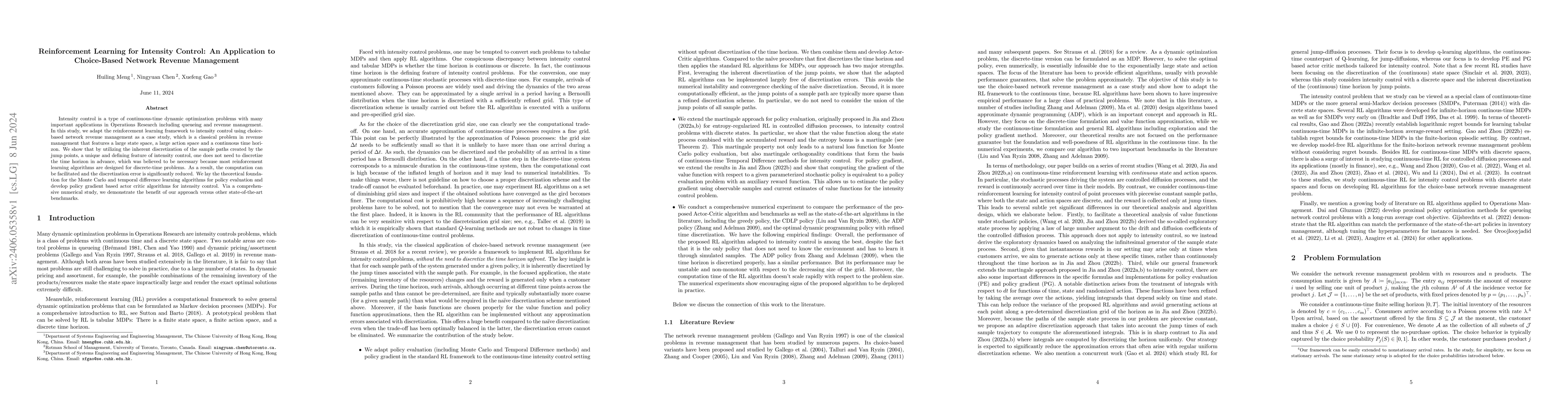 Thumbnail for Reinforcement Learning for Intensity Control: An Application to
  Choice-Based Network Revenue Management