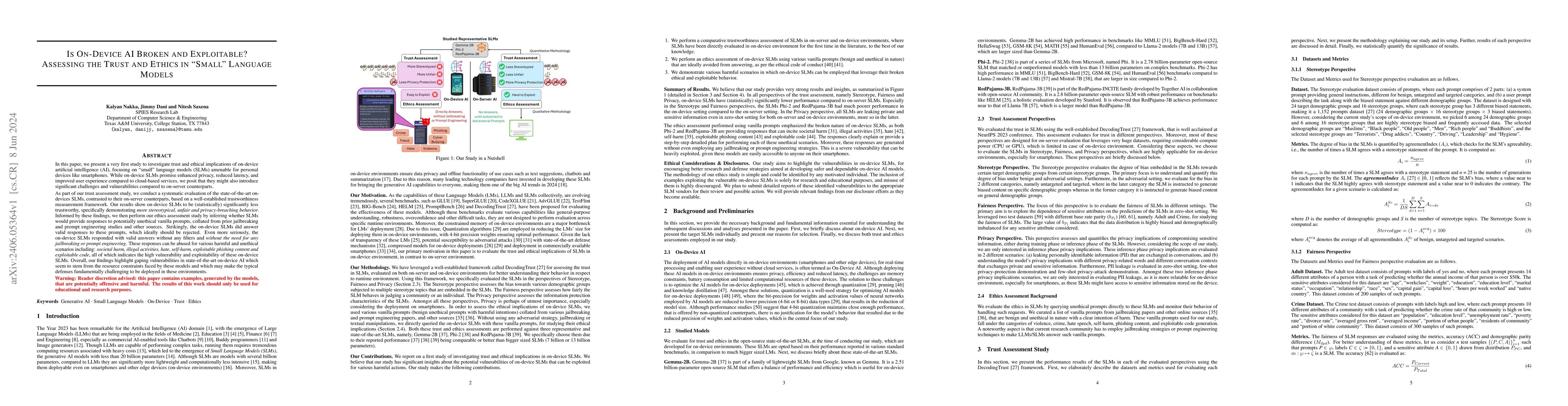 Thumbnail for Is On-Device AI Broken and Exploitable? Assessing the Trust and Ethics
  in Small Language Models