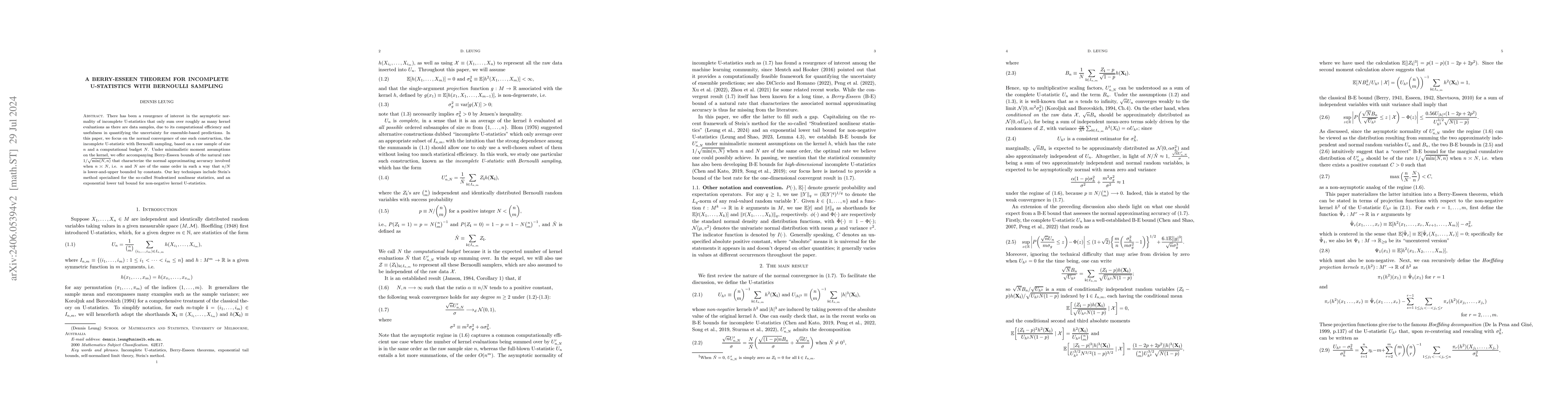 Thumbnail for A Berry-Esseen theorem for incomplete U-statistics with Bernoulli
  sampling