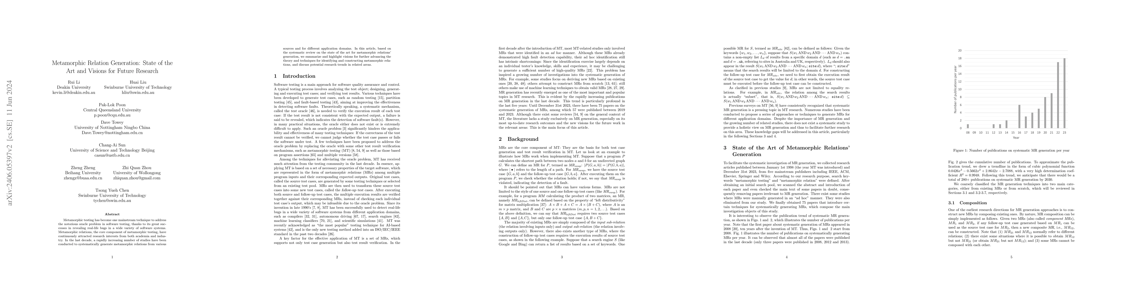Thumbnail for Metamorphic Relation Generation: State of the Art and Visions for Future
  Research