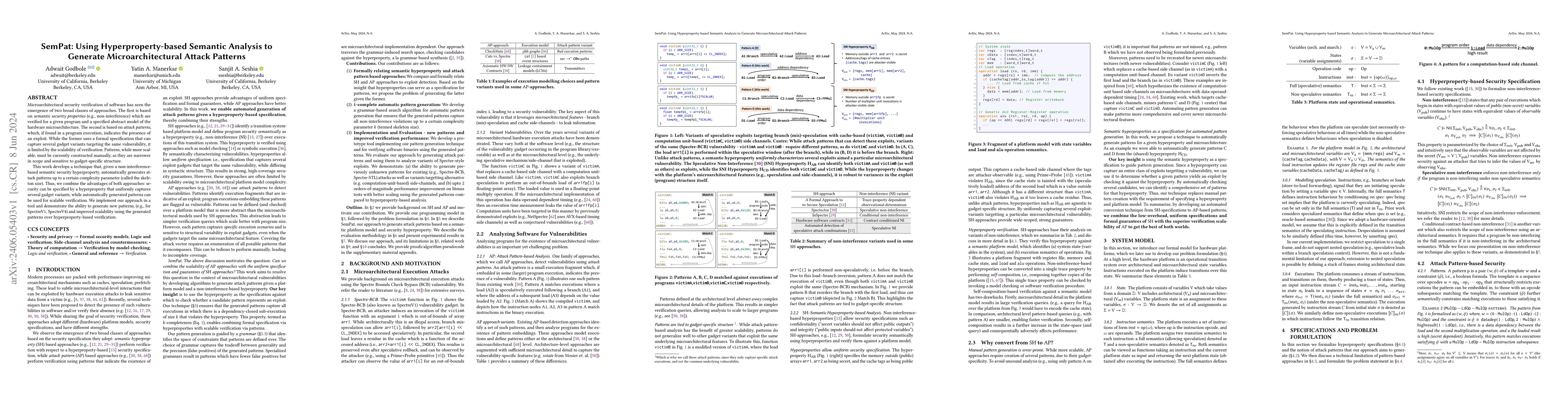 Thumbnail for SemPat: Using Hyperproperty-based Semantic Analysis to Generate
  Microarchitectural Attack Patterns