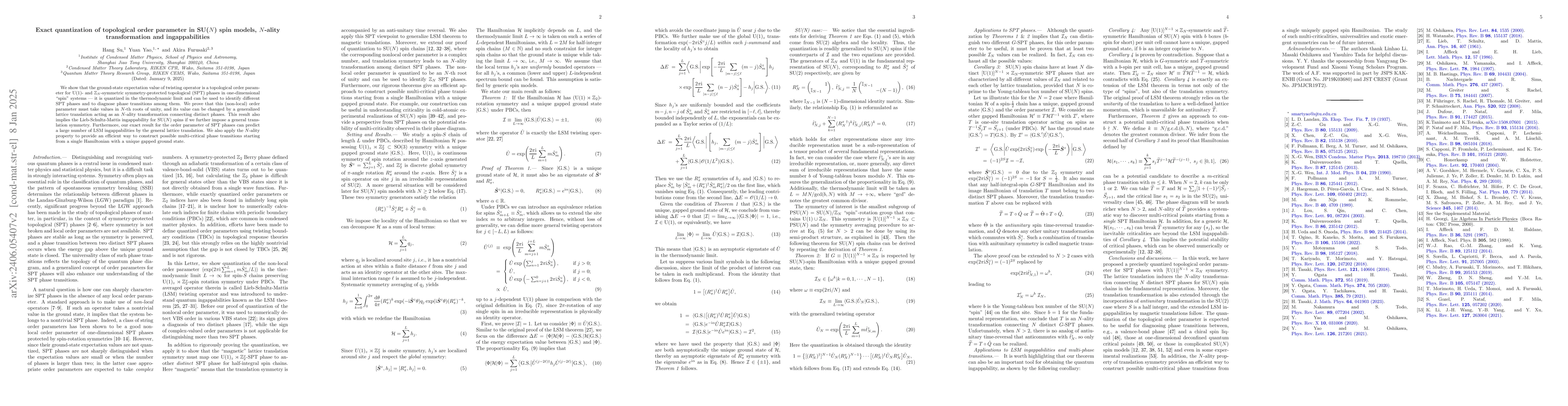 Thumbnail for Exact quantization of topological order parameter in SU($N$) spin
  models, $N$-ality transformation and ingappabilities