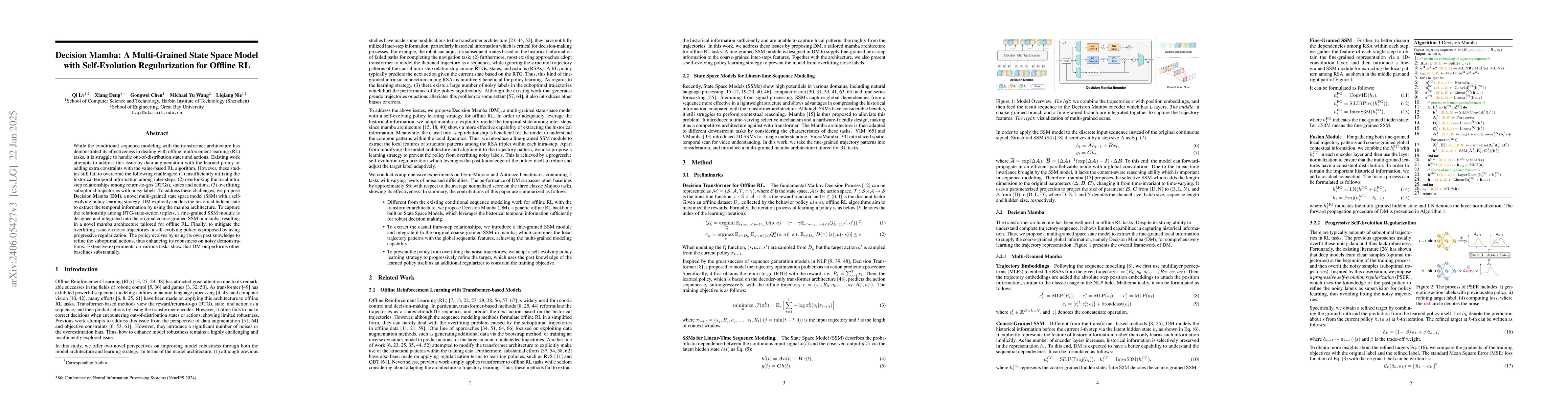 Thumbnail for Decision Mamba: A Multi-Grained State Space Model with Self-Evolution
  Regularization for Offline RL