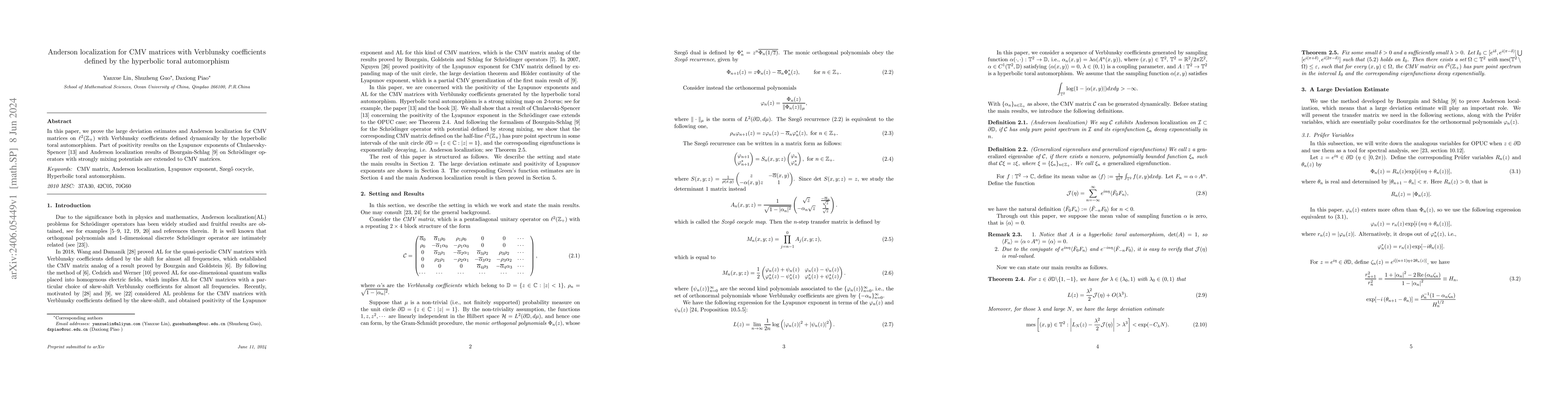 Thumbnail for Anderson localization for CMV matrices with Verblunsky coefficients
  defined by the hyperbolic toral automorphism