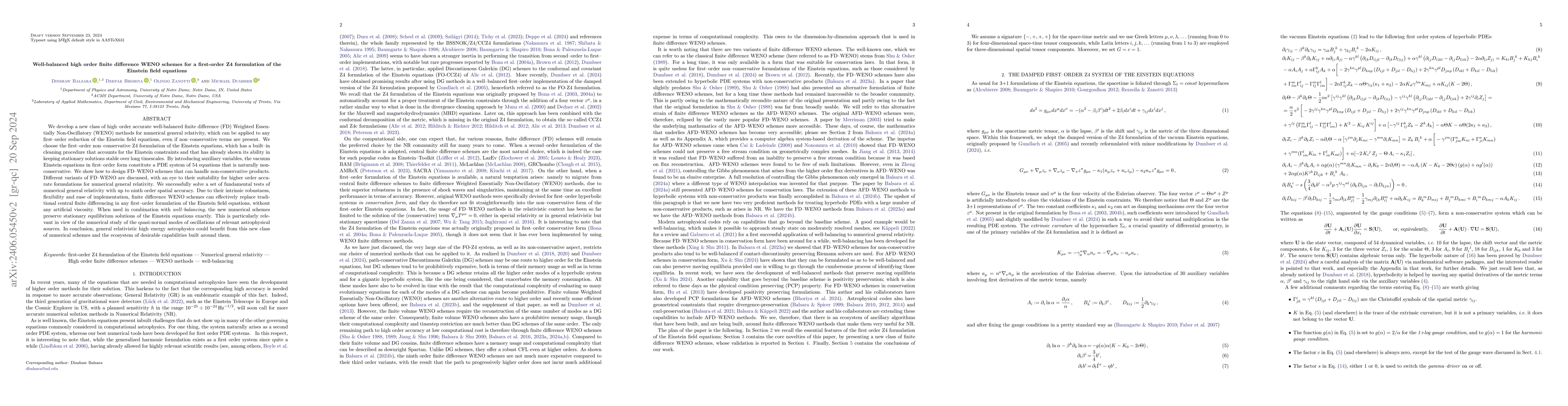Thumbnail for Well-balanced high order finite difference WENO schemes for a
  first-order Z4 formulation of the Einstein field equations