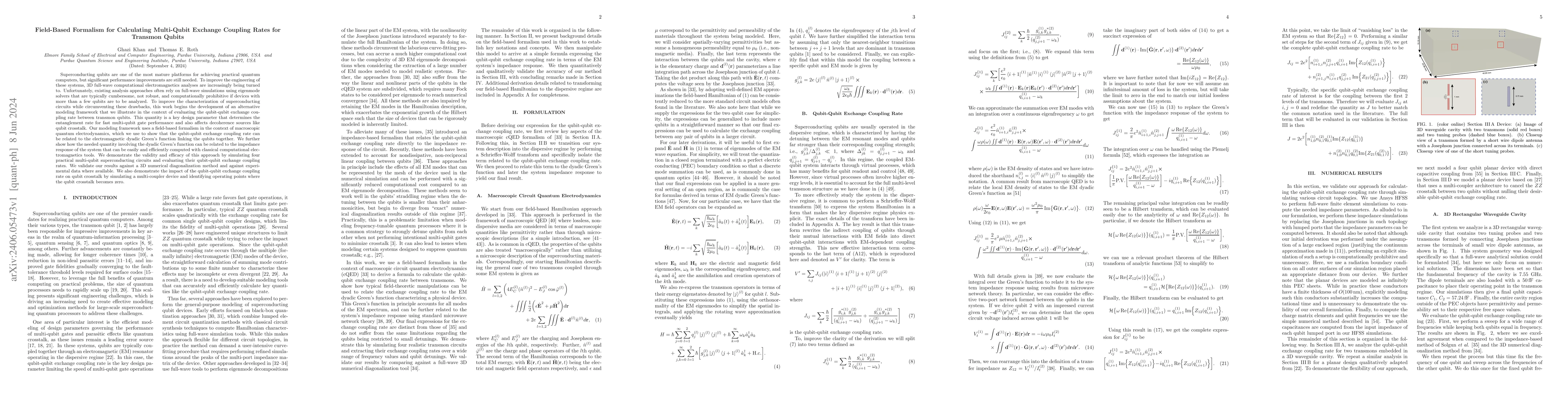 Thumbnail for Field-Based Formalism for Calculating Multi-Qubit Exchange Coupling
  Rates for Transmon Qubits