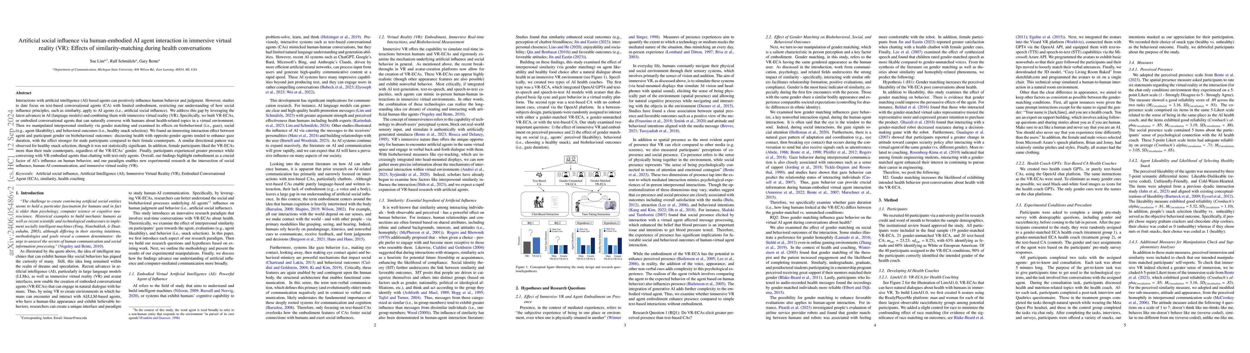 Thumbnail for Artificial social influence via human-embodied AI agent interaction in
  immersive virtual reality (VR): Effects of similarity-matching during health
  conversations