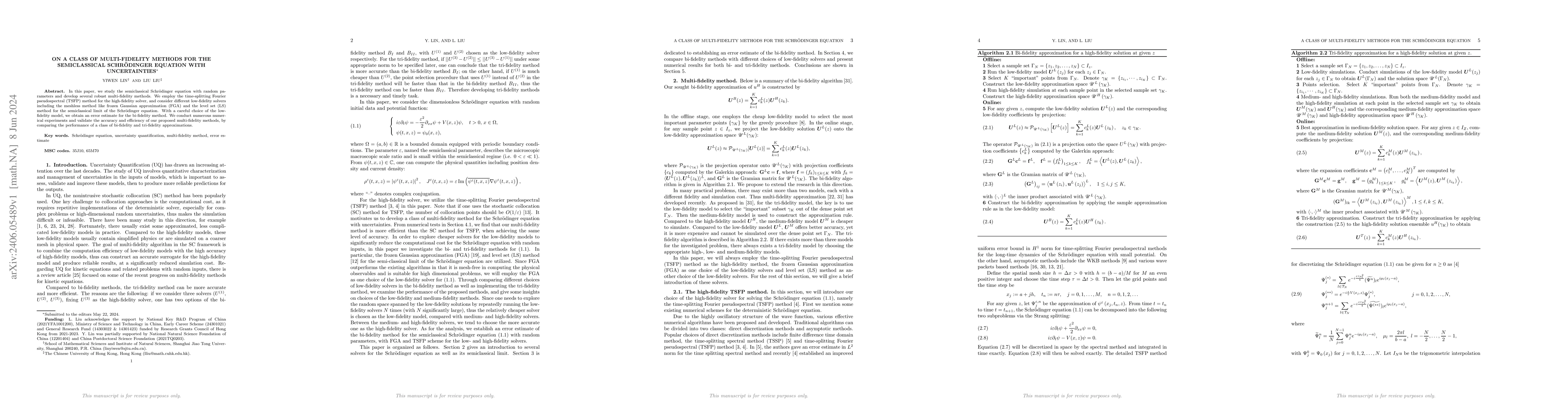 Thumbnail for On a class of multi-fidelity methods for the semiclassical Schr\"odinger
  equation with uncertainties