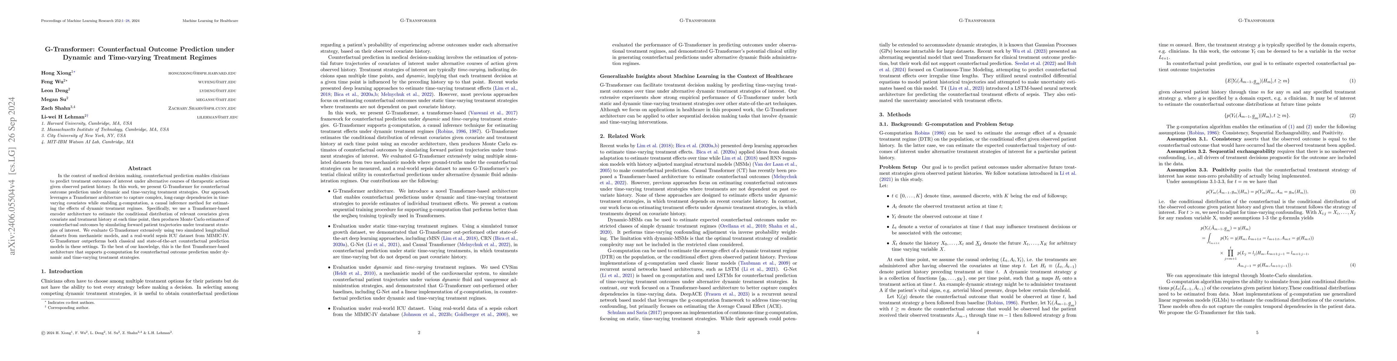 Thumbnail for G-Transformer: Counterfactual Outcome Prediction under Dynamic and
  Time-varying Treatment Regimes