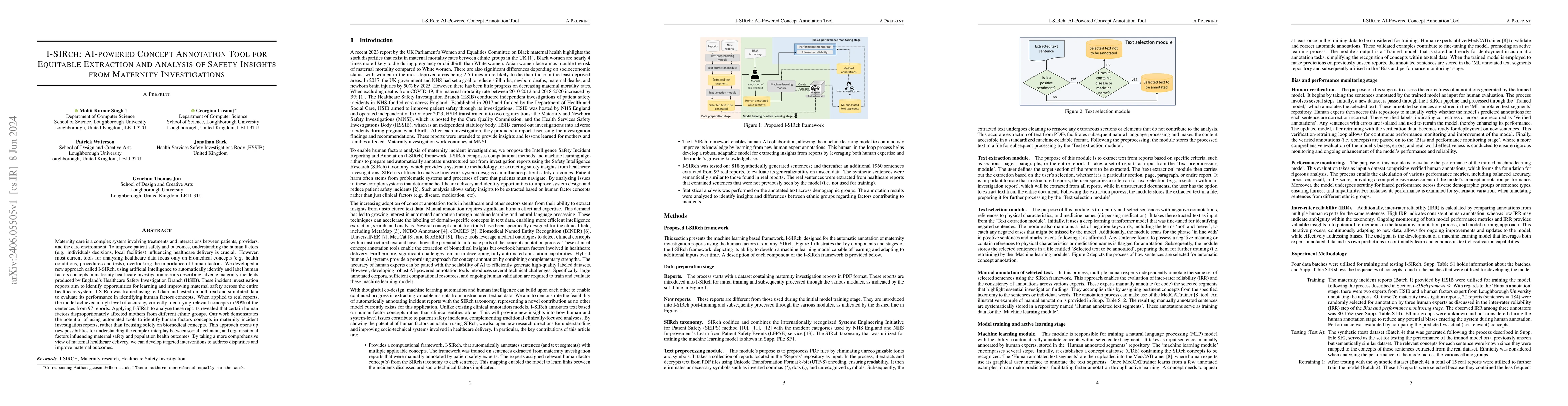 Thumbnail for I-SIRch: AI-Powered Concept Annotation Tool For Equitable Extraction And
  Analysis Of Safety Insights From Maternity Investigations