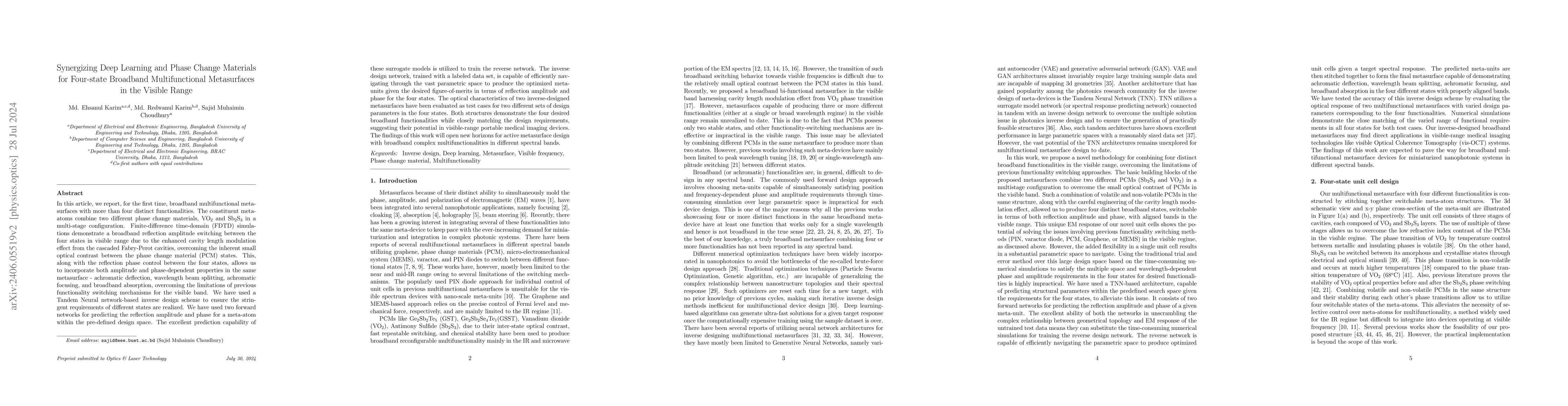 Thumbnail for Synergizing Deep Learning and Phase Change Materials for Four-state
  Broadband Multifunctional Metasurfaces in the Visible Range