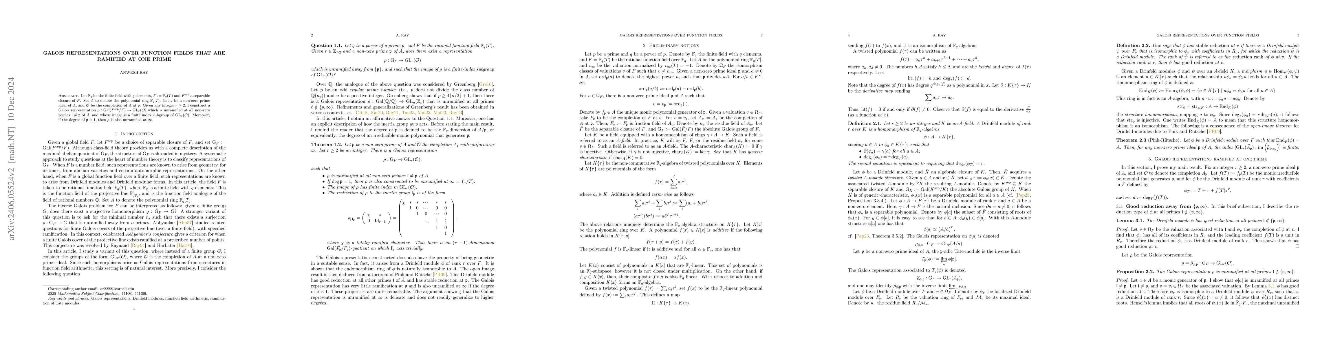 Thumbnail for Galois representations over function fields that are ramified at one
  prime