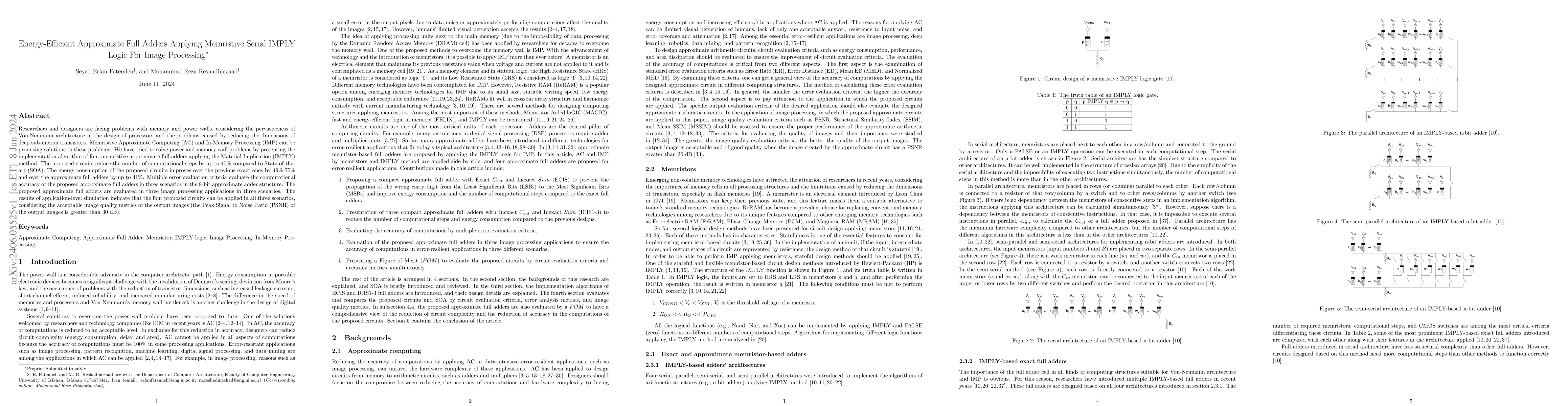 Thumbnail for Energy-Efficient Approximate Full Adders Applying Memristive Serial
  IMPLY Logic For Image Processing