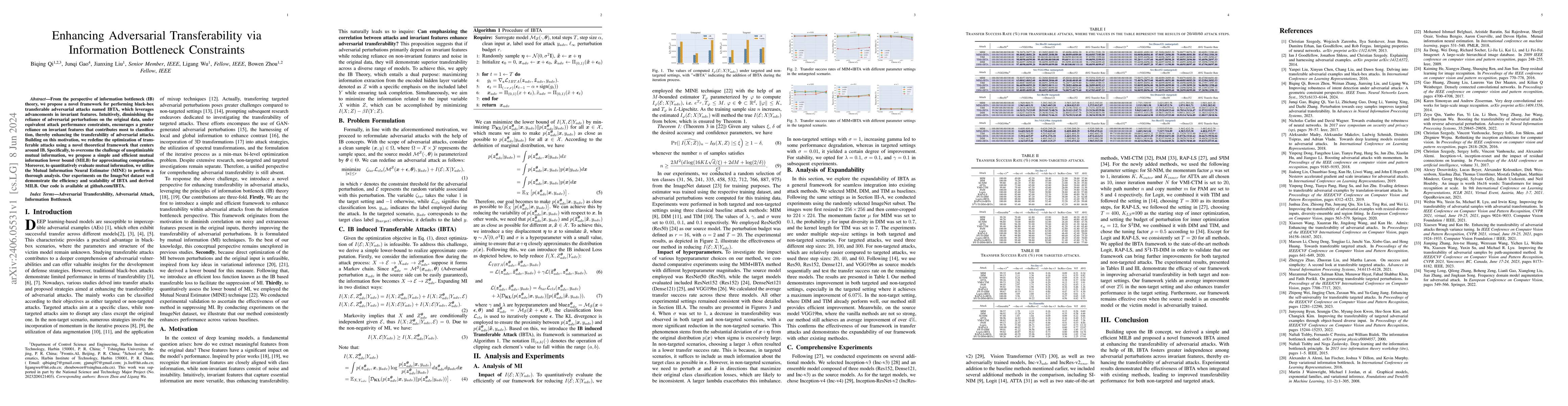 Thumbnail for Enhancing Adversarial Transferability via Information Bottleneck
  Constraints
