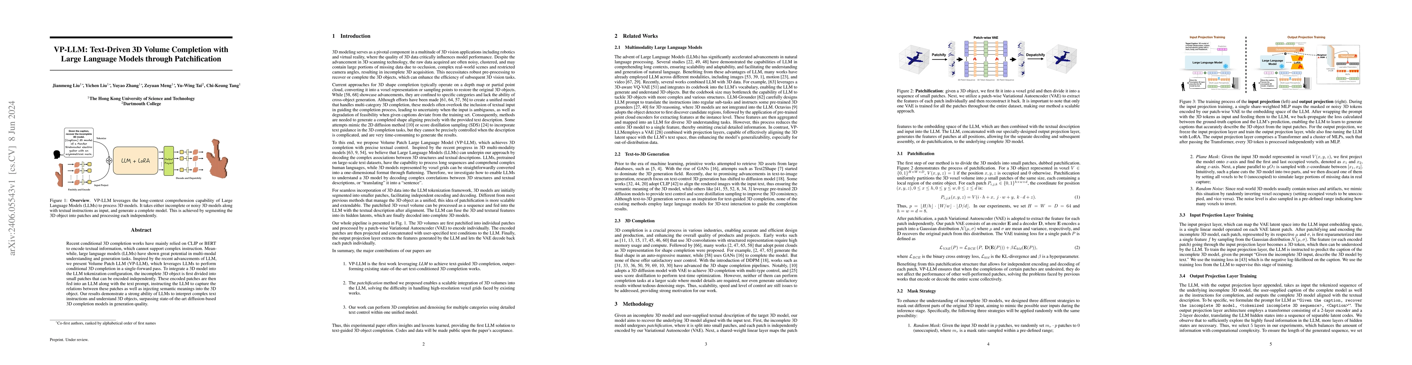 Thumbnail for VP-LLM: Text-Driven 3D Volume Completion with Large Language Models
  through Patchification