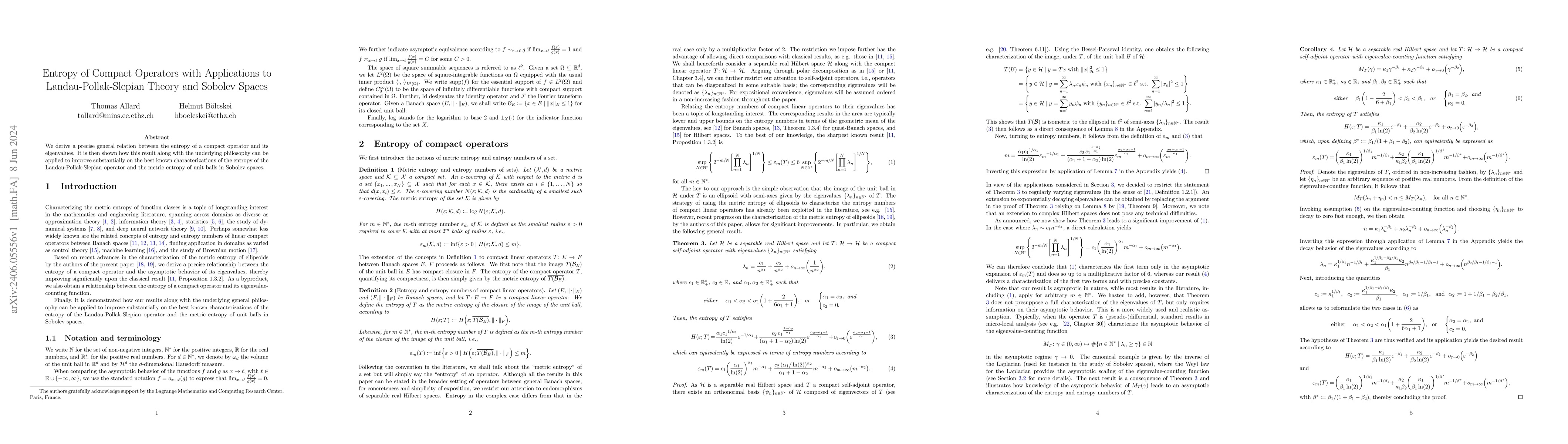 Thumbnail for Entropy of Compact Operators with Applications to Landau-Pollak-Slepian
  Theory and Sobolev Spaces