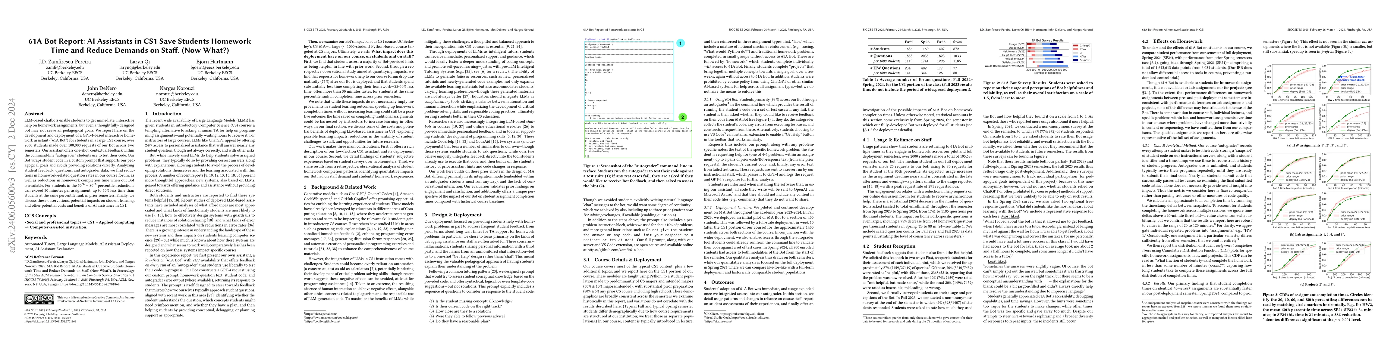 Thumbnail for 61A-Bot: AI homework assistance in CS1 is fast and cheap -- but is it
  helpful?