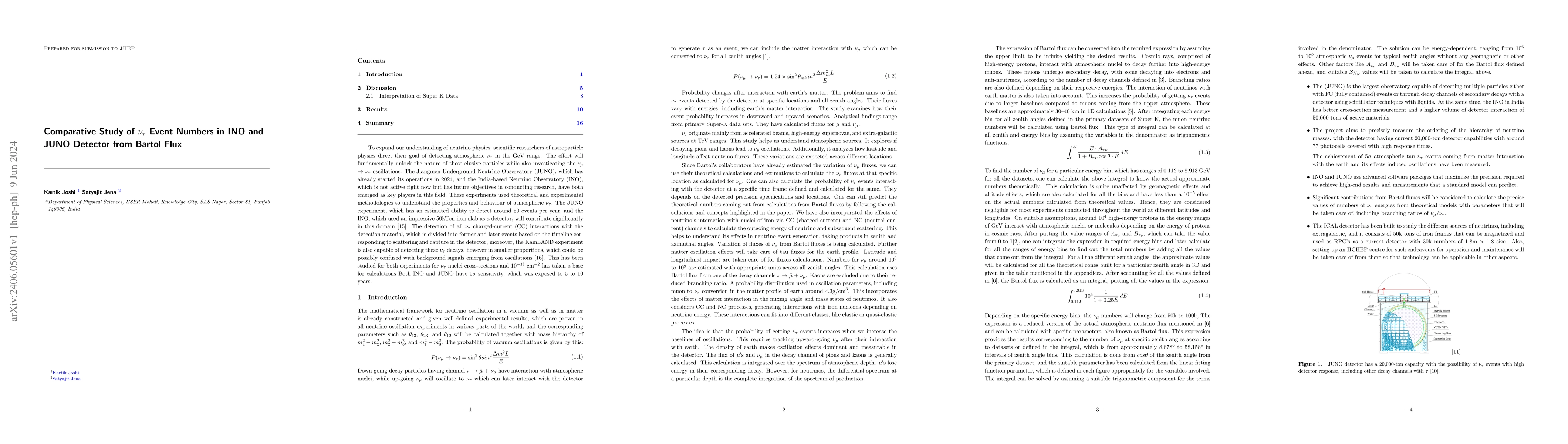 Thumbnail for Comparative Study of tau neutrinos event numbers in INO and JUNO
  detectors from Bartol Flux