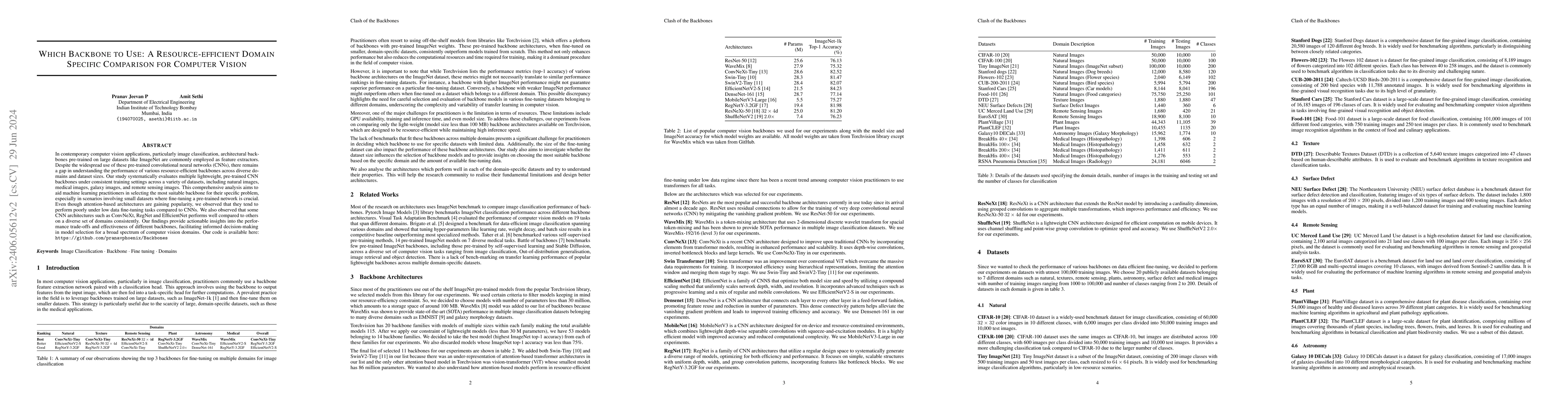 Thumbnail for Which Backbone to Use: A Resource-efficient Domain Specific Comparison
  for Computer Vision