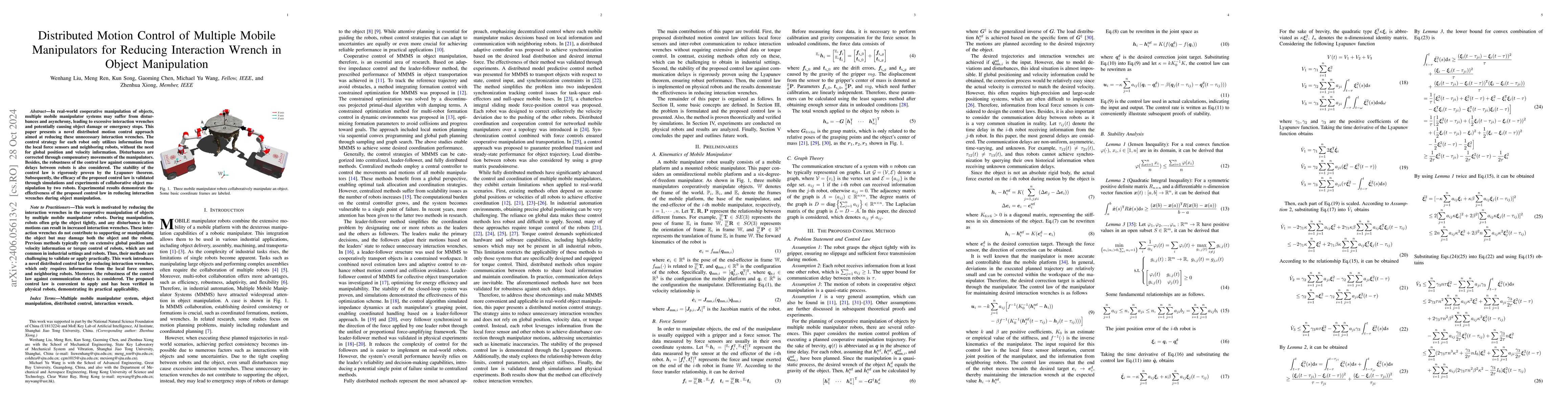 Thumbnail for Distributed Motion Control of Multiple Mobile Manipulator System with
  Disturbance and Communication Delay