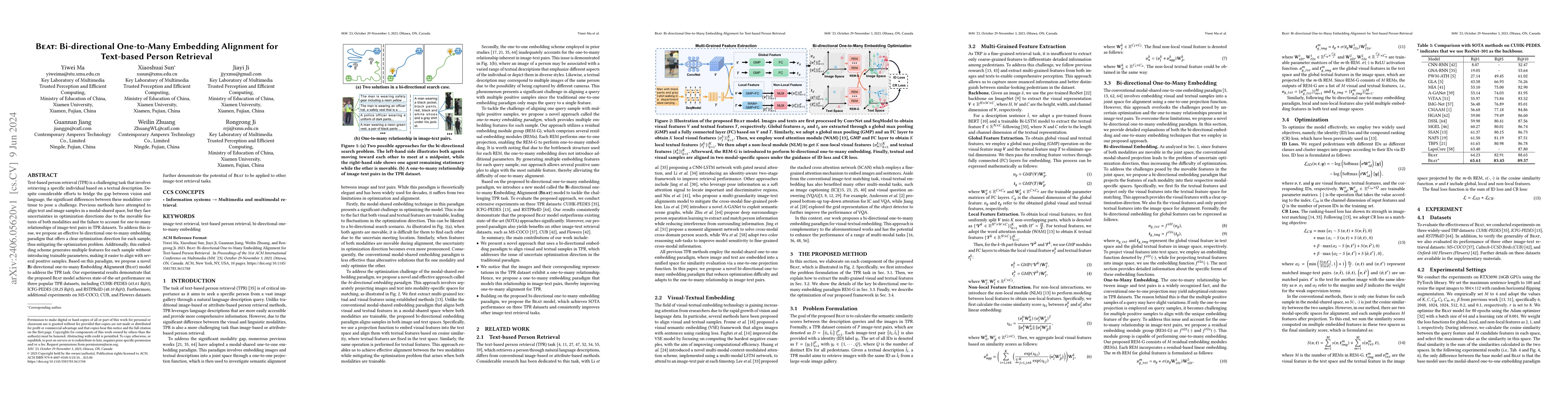 Thumbnail for Beat: Bi-directional One-to-Many Embedding Alignment for Text-based
  Person Retrieval