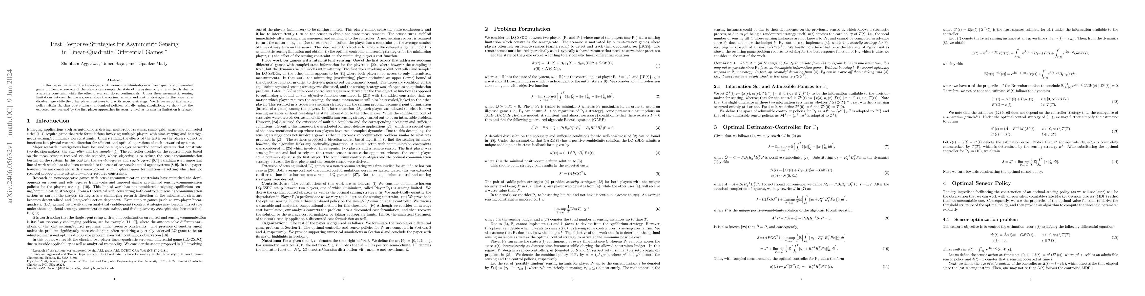 Thumbnail for Best Response Strategies for Asymmetric Sensing in Linear-Quadratic
  Differential Games