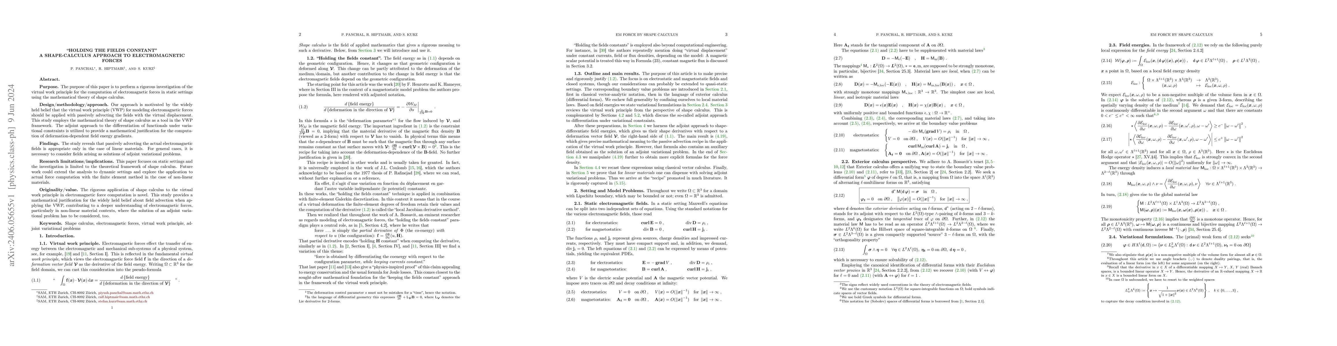 Thumbnail for Holding the fields constant: A shape-calculus approach to
  electromagnetic forces