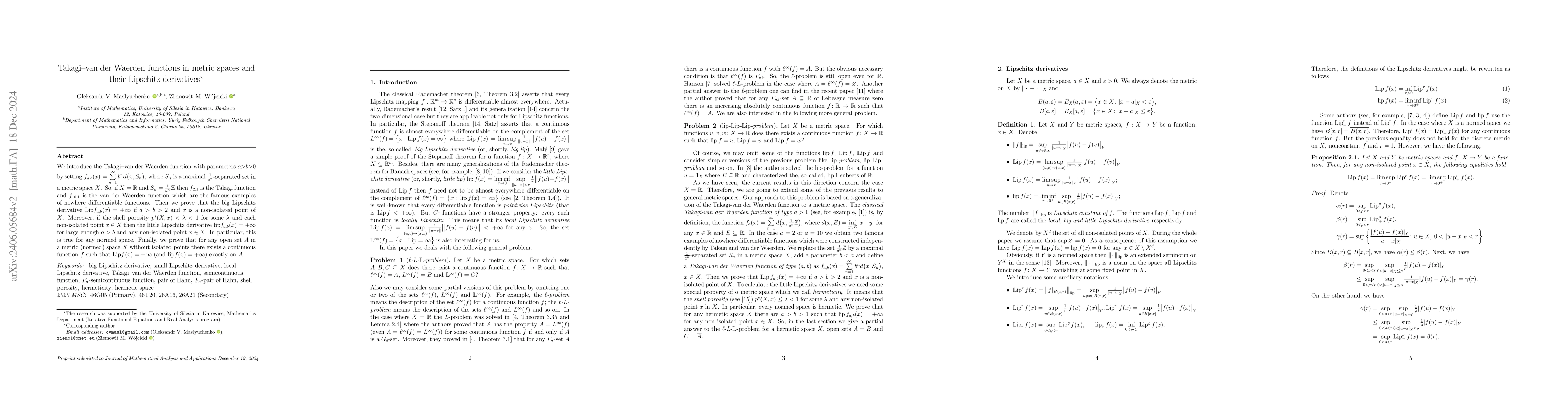 Thumbnail for Takagi-van der Waerden functions in metric spaces and its Lipschitz
  derivatives