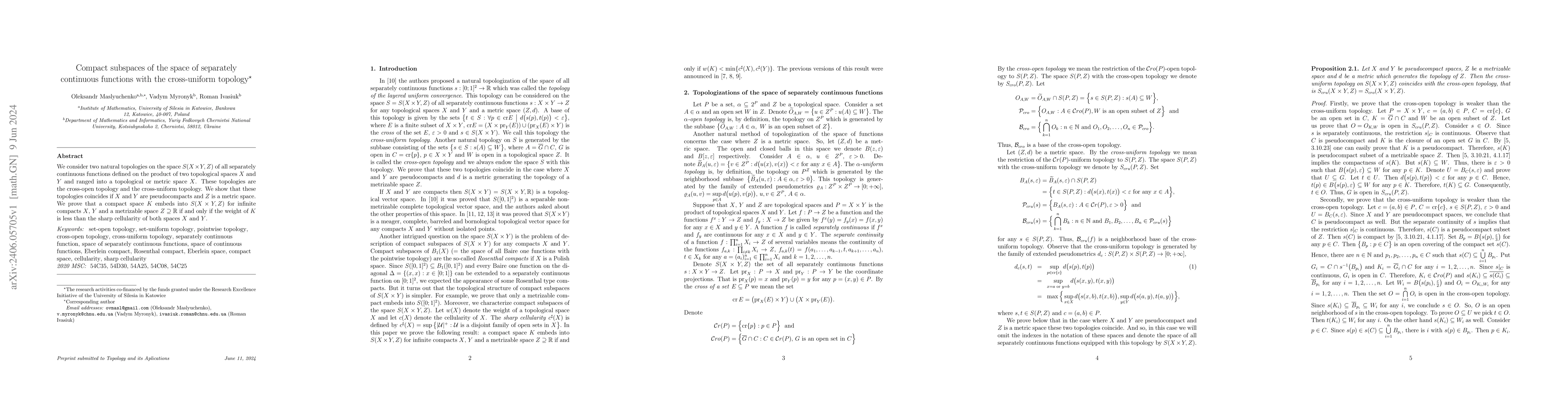 Thumbnail for Compact subspaces of the space of separately continuous functions with
  the cross-uniform topology