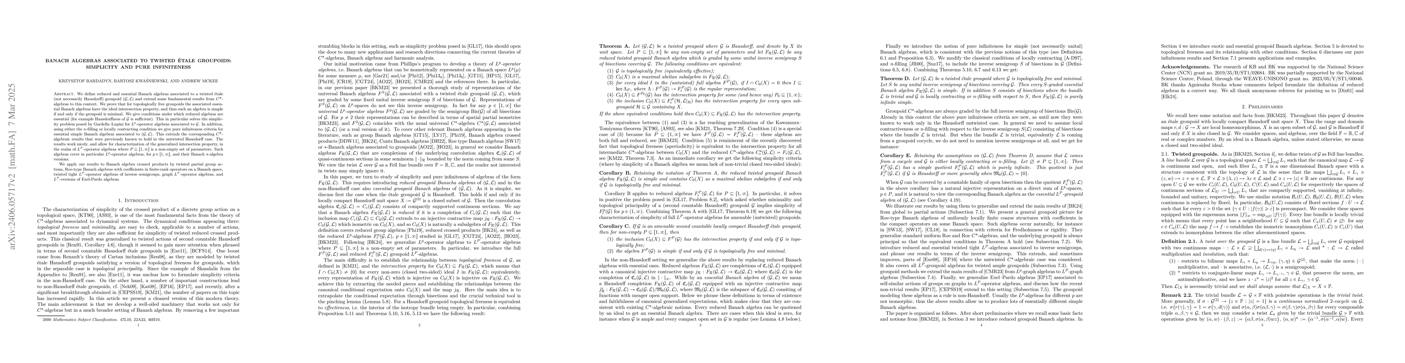 Thumbnail for Banach algebras associated to twisted \'{e}tale groupoids: simplicity
  and pure infiniteness