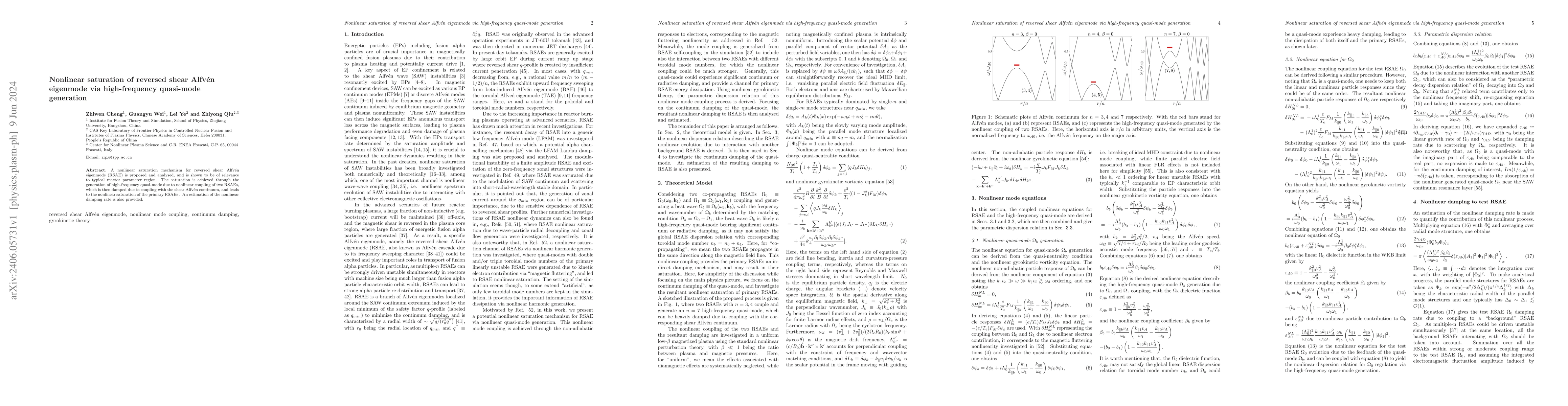 Thumbnail for Nonlinear saturation of reversed shear Alfven eigenmode via
  high-frequency quasi-mode generation