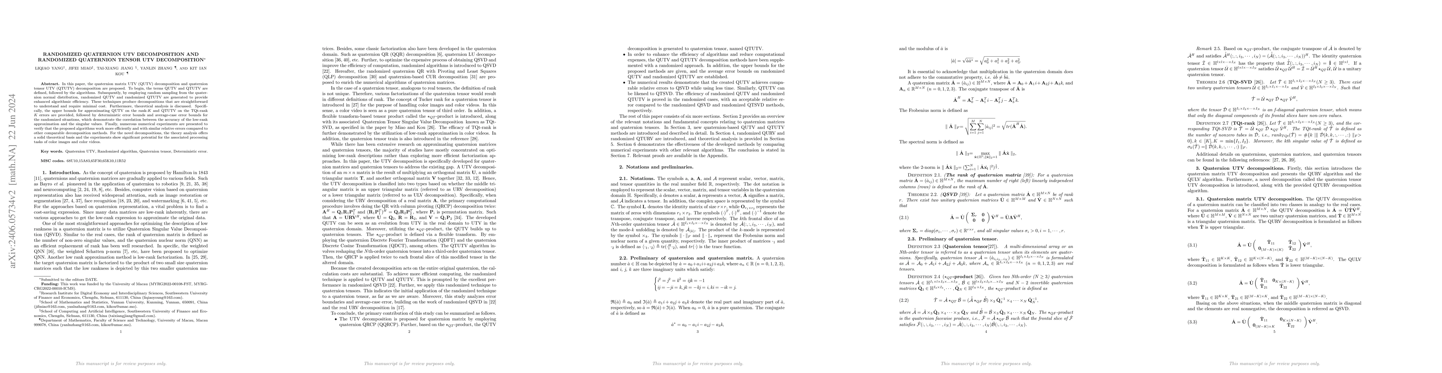 Thumbnail for Randomized Quaternion UTV Decomposition and Randomized Quaternion Tensor
  UTV Decomposition