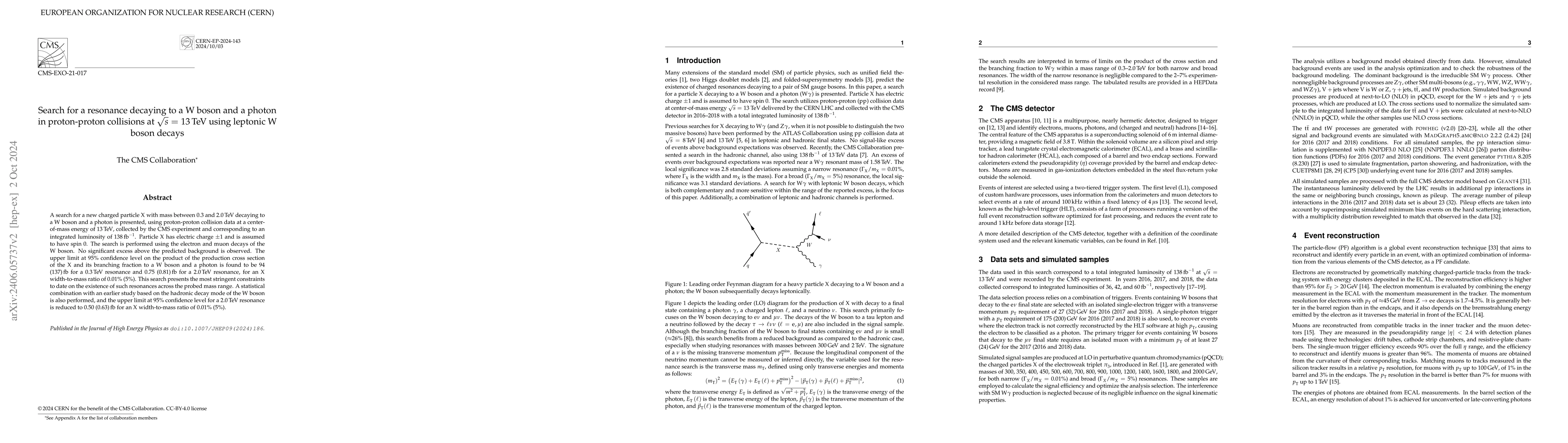 Thumbnail for Search for a resonance decaying to a W boson and a photon in
  proton-proton collisions at $\sqrt{s}$ = 13 TeV using leptonic W boson decays