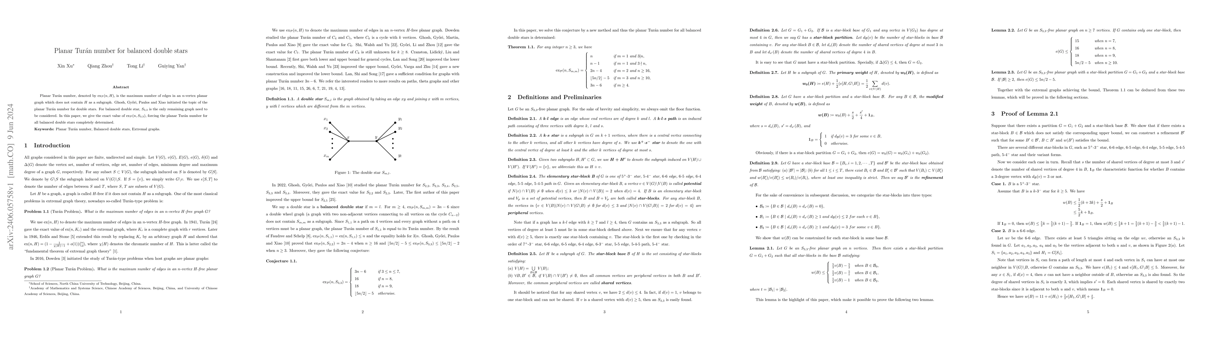 Thumbnail for Planar Tur\'an number for balanced double stars