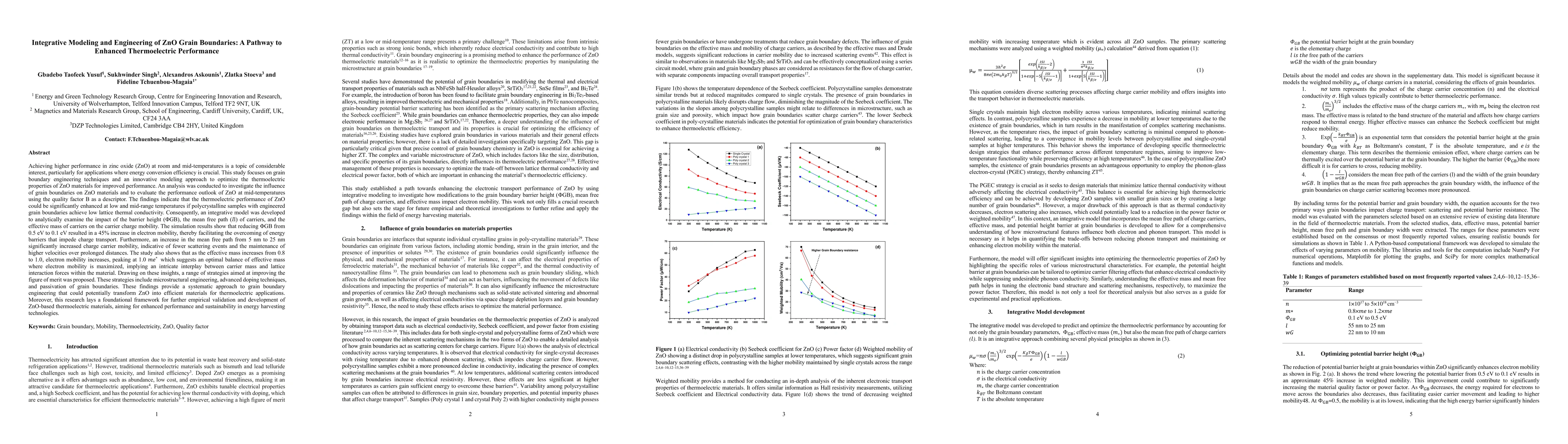 Thumbnail for Integrative Modeling and Engineering of ZnO Grain Boundaries: A Pathway
  to Enhanced Thermoelectric Performance