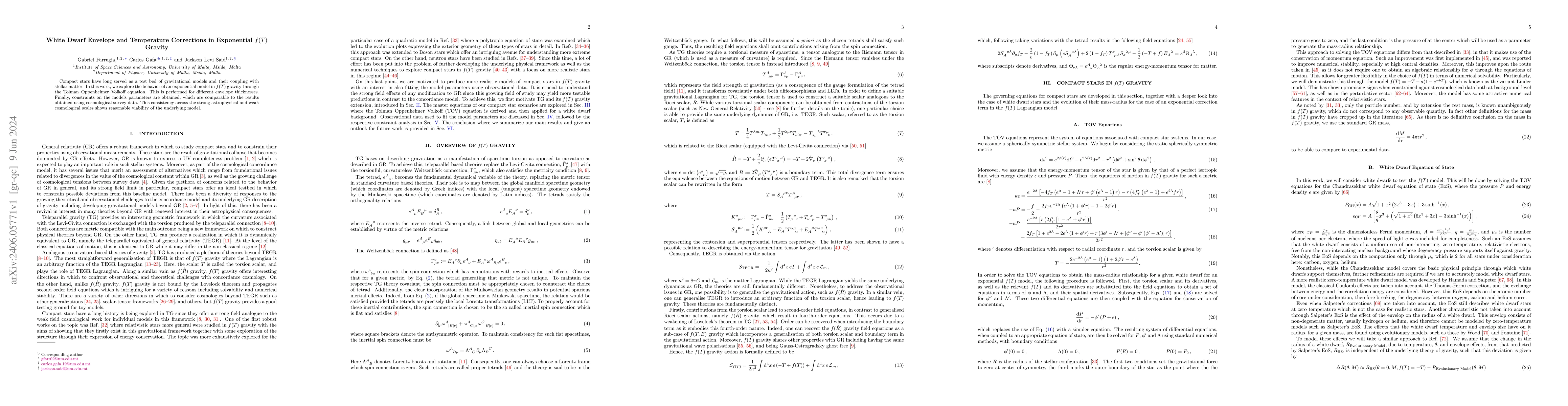 Thumbnail for White Dwarf Envelops and Temperature Corrections in Exponential $f(T)$
  Gravity