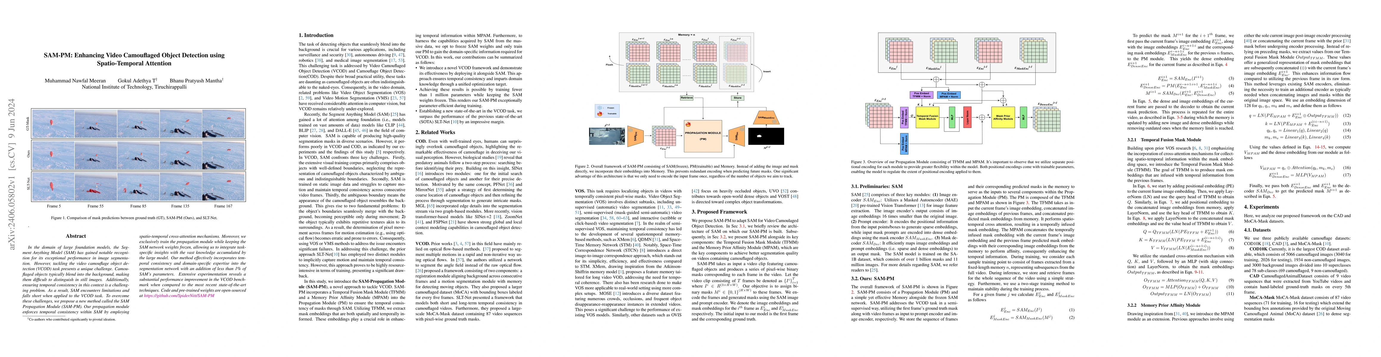 Thumbnail for SAM-PM: Enhancing Video Camouflaged Object Detection using
  Spatio-Temporal Attention